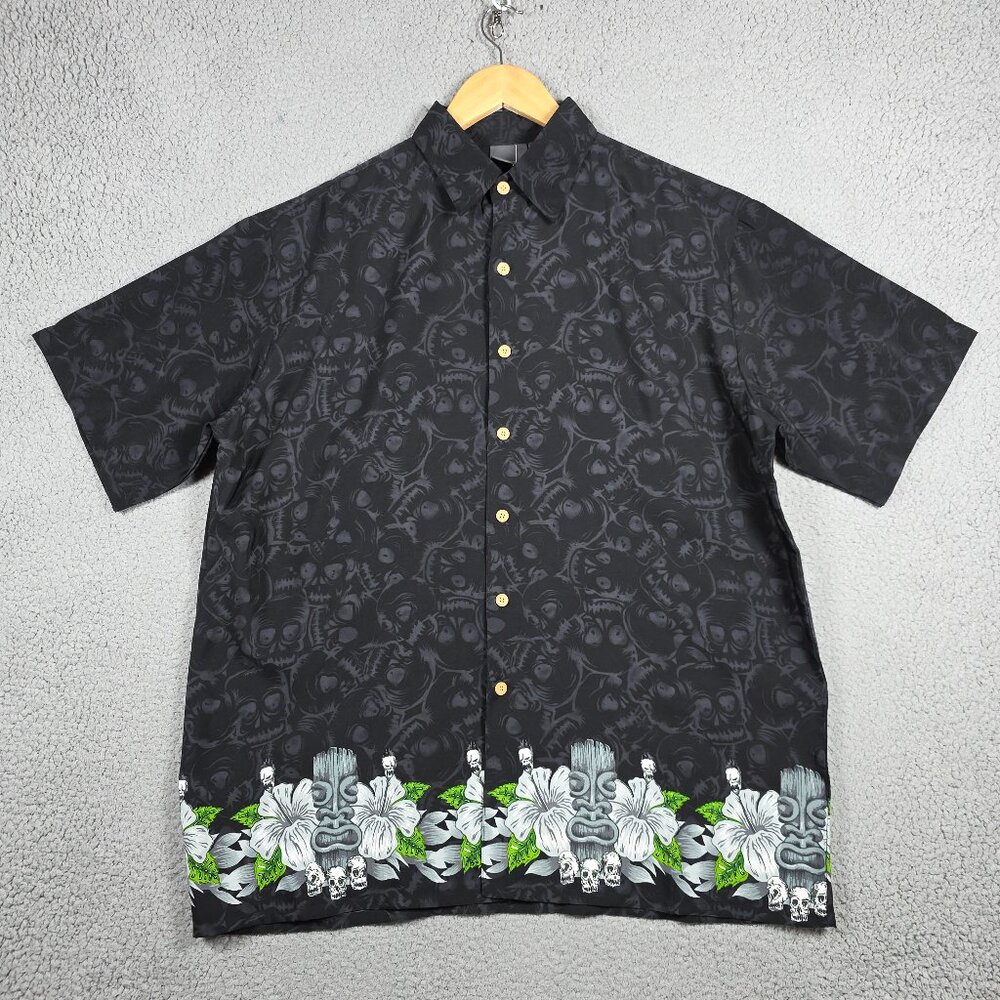 Vintage Shirt Mens Large Black Floral Baggy Loose Xtreme Gear Y2K Skulls NWT